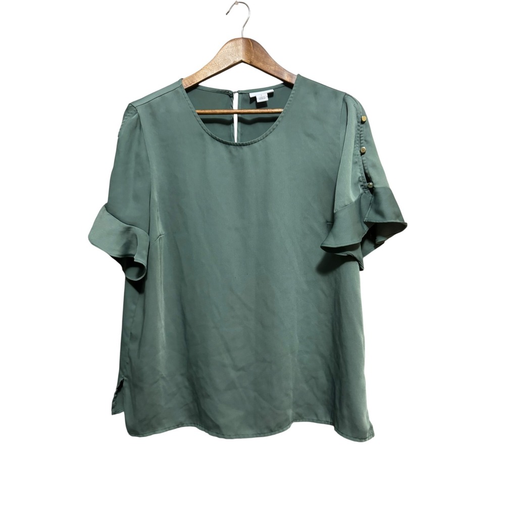 Liz Claiborne Blouse Womens Large Green Excellent Ruffle Sleeve Gold Button Top